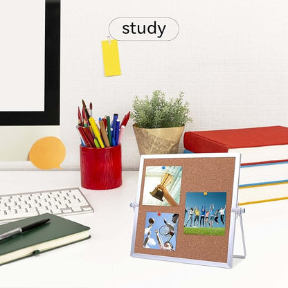 9.8"×9.8" Cork Board Bulletin Board, Double Sided Pin Board with Silver Aluminum Border, Desktop Small Cork Board with Stand Suitable for Home, Office, Desk Message Board or Picture Board