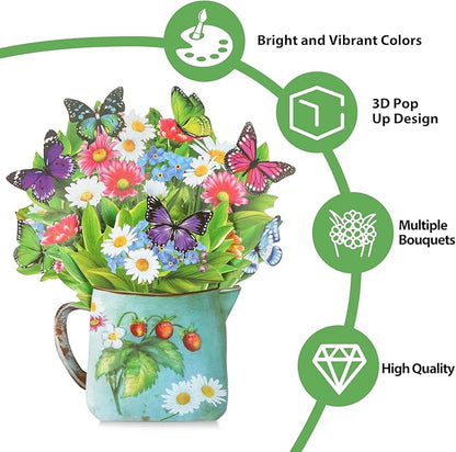 Pop Up Cards,Wildflowers & Butterflies,12 Inch Forever Flower Bouquet 3D Popup Greeting Cards With Blank Note Card and Envelope,Perfect For Birthday,Christmas,Thanksgiving Day,Mother's Day Gifts