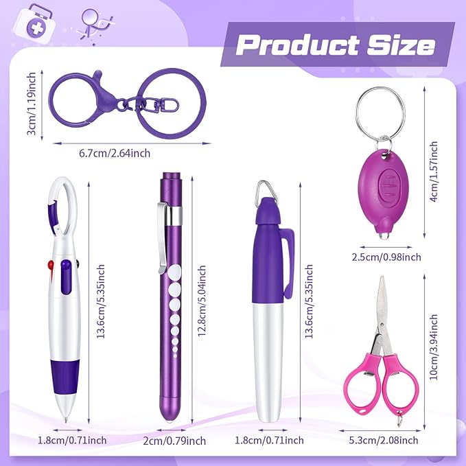 6 Pcs Nurse Pen Set Include Permanent Marker Pen Retractable Ballpoint Pen Keychain Clip Foldable Scissors Lights LED Flashlight Keychain for Nurse Accessories(Purple)