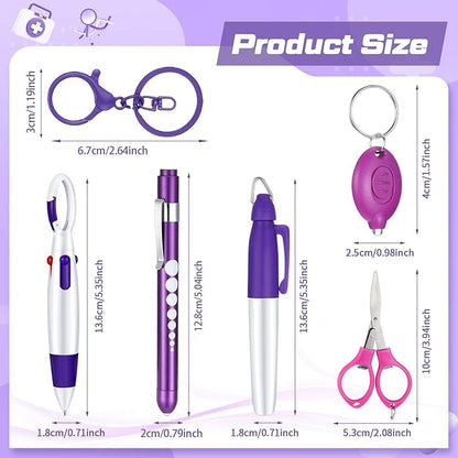 6 Pcs Nurse Pen Set Include Permanent Marker Pen Retractable Ballpoint Pen Keychain Clip Foldable Scissors Lights LED Flashlight Keychain for Nurse Accessories(Purple)
