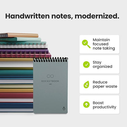 Rocketbook Mini Reusable Smart Notepad, Pocket Size Notebook 3.5x5.5, Gray - Dotted Pages, App-Connected, Erasable, Ideal for On-The-Go List Taking & Quick Notes Anywhere