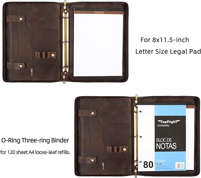 Portfolio Binder 3 Ring, Leather Binder Portfolio Folder for Left-Handed, Zippered Portfolio Padfolio Binder for Women, Leather Portfolio Organizer for Men (Dark Khaki, Non-Custom)