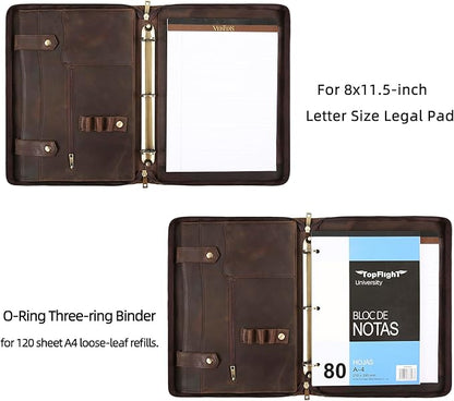 Portfolio Binder 3 Ring, Leather Binder Portfolio Folder for Left-Handed, Zippered Portfolio Padfolio Binder for Women, Leather Portfolio Organizer for Men (Dark Khaki, Non-Custom)