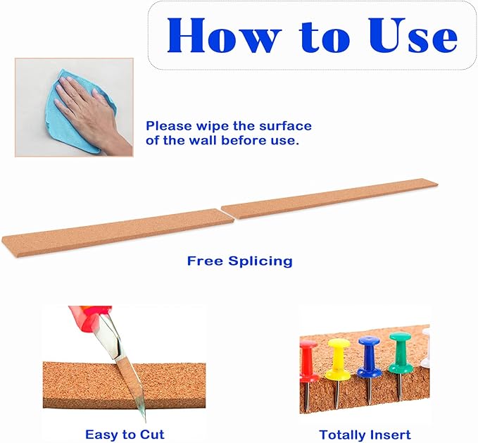 4 Pack Small Bulletin Strip Cork Strip Cork Board Tiles Bulletin Bar Strips for Walls, Adhesive Pin Board for Classroom Memo Office Home Kitchen School Desk, 14"x1"-10mm Thick