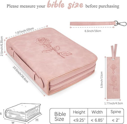 Bible Covers for Women, Leather Bible Study Case with Bookmark for Girls, Bible Supplies Carrying Bag Tote with Strap,Personalized Book Organizer Bag for Journaling Bible-Pink