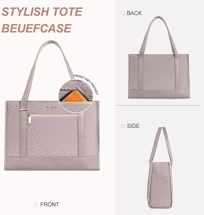 EMPSIGN Laptop Tote bag for women 16 Inch, Stylish Computer Shoulder Tote Bag for Work, Large Capacity Quilted Laptop Briefcase, Waterproof Women Business Office Bag, Quilted Grey Pink