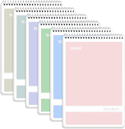 SUNEE Steno Pads 6x9 6 Pack, Gregg Rule, 60 Sheets, 6 Assorted Color Spiral Notebook 6x9, White Paper, Take Notes with Top Spiral Notebook, for School, University, College, Work, Office