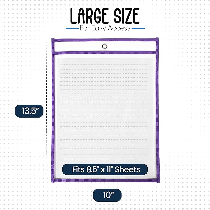 30 Pack, Assorted, Dry Erase Pocket Document Protectors,10" Wide x 13.5" Tall - Dry Erase Clear Plastic Sleeves - Reusable & Easy Erase Plastic Invoice Holders, Water-Resistant & Durable