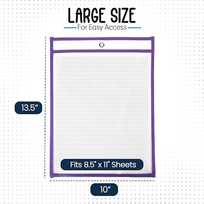 30 Pack, Assorted, Dry Erase Pocket Document Protectors,10" Wide x 13.5" Tall - Dry Erase Clear Plastic Sleeves - Reusable & Easy Erase Plastic Invoice Holders, Water-Resistant & Durable