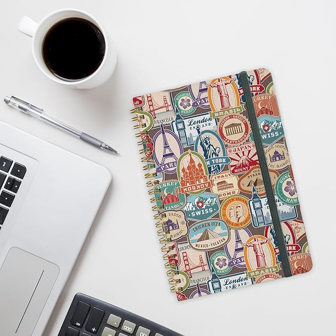 Spiral Notebook - A5 Spiral Notebooks, 8.3'' × 5.8'', 160 Pages, Aesthetic Journaling Notebooks for Women, College Lined Notebook with Elastic Closure, Back Pocket, for School Office, stampB