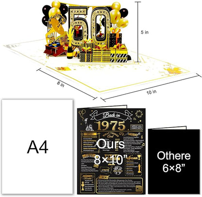 50th Birthday Card for Men Women, 3D Pop Up 50th Birthday Gifts Cards for Him Her, Back In 1975 Funny 50 Year Old Birthday Decorations