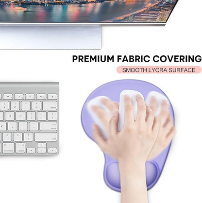 JIKIOU Mouse Pad, 2 Pack Ergonomic Mouse Pads with Comfortable Gel Wrist Rest Support and Lycra Cloth, Non-Slip PU Base for Easy Typing Pain Relief Durable and Easy to Clean Small Purple