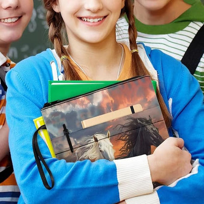 COEQINE Sunset Horse Textbook Cover for Paperbacks 9x11 Portable Book Sleeves with Zipper Portable Book Pouch Protector Book Case with Pen Holder Washable Cute Running Animal