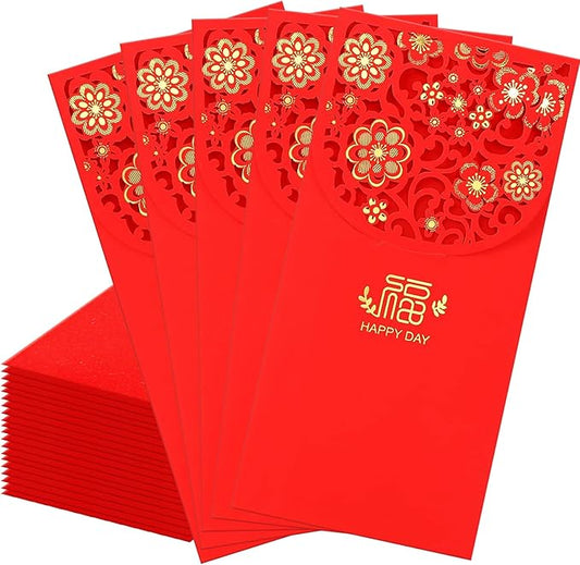 20 Pcs Chinese New Year Red Envelopes, 3.4 x 7 Inches Large 福 Hong Bao Lucky Money Cash Envelopes, Elegant Floral Design Red Packets Lai See for Spring Festival, Lunar New Year, Weddings, Birthdays