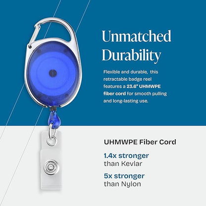 Will Well ID Badge Holders with Clip and Keyring - Horizontal Clear Plastic 3.7" x 2.5" Sleeves Fit Up to 3 Cards - Retractable 24" UHMWPE Fiber Pull Cords - 2-Pack, Transparent Blue Reels