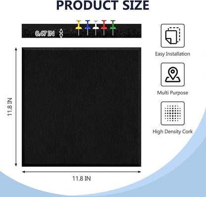 4 Pack Cork Board Tiles 12x12 Inches, 1/2" Thick Felt Cork Squares with 30 Push Pins, Bulletin Board Pin Board, Adhesive Cork Board for for Wall for Home, Office, and Kitchen (Black)