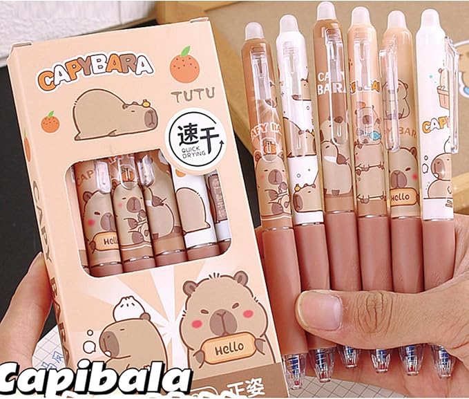 6 Pcs Erasable Gel Pens Capybara Erasable Retractable Cute Pens Cartoon Capybara Pens 0.5mm Blue Ink Pen Office School Pens Women Girls Boys Pens (Blue Ink-Capybara)