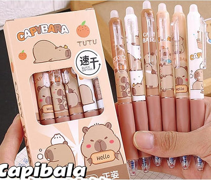 6 Pcs Erasable Gel Pens Capybara Erasable Retractable Cute Pens Cartoon Capybara Pens 0.5mm Blue Ink Pen Office School Pens Women Girls Boys Pens (Blue Ink-Capybara)