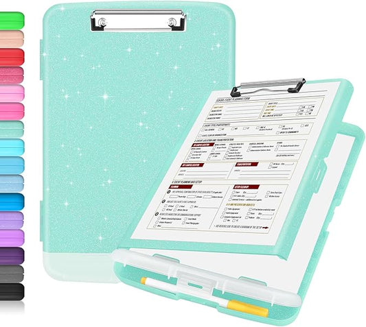 Sooez Glitter Clipboard with Storage, High Capacity Clip Boards 8.5x11 with Pen Holder, Cute Clipboards with Low Profile Clip, Sparkle Plastic Clip Board Case Box for Women & Kids, Side Opening