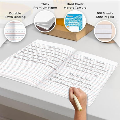 12 Pack Primary Composition Notebooks, 200 Pages (100 Sheets), Primary Ruled Composition Notebook for Kids, 9-3/4" x 7-1/2", Grades K-2 Writing Workbook, Writing Dotted Lined, Assorted Marble