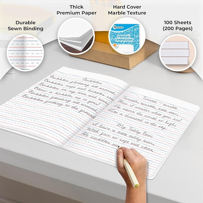 Composition Notebooks Primary Ruled 5 Pack, 200 Pages (100 Sheets), Color Marble Composition Notebook, Sewn Binding Hard Cover, Primary Composition Notebook for Kids, Writing Dotted Lined