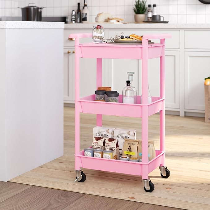 3-Tier Utility Rolling Cart with Cover Top Board, Mobile Utility Cart with Lockable Casters Multi-Functional Storage Trolley for Office, Bathroom, Kitchen, Garden, Laundry Room (Pink)