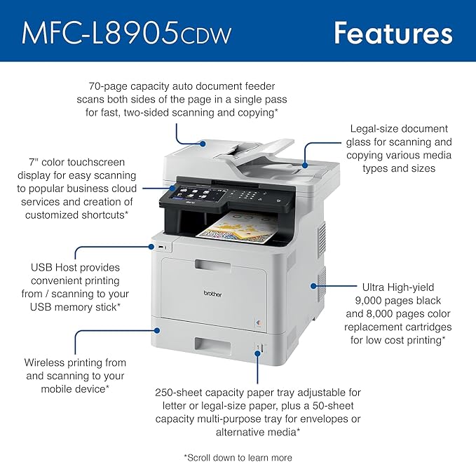 Brother MFC‐L8905CDW Business Color Laser All‐in‐One Printer, 7” Touchscreen Display, Duplex Print/Scan, Wireless