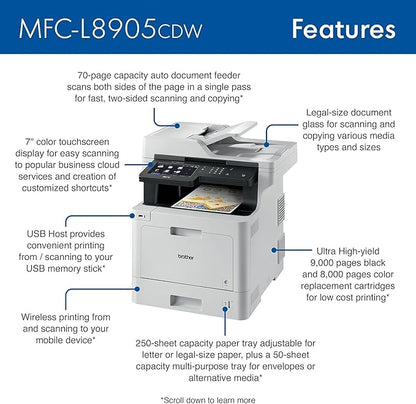 Brother MFC‐L8905CDW Business Color Laser All‐in‐One Printer, 7” Touchscreen Display, Duplex Print/Scan, Wireless