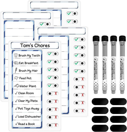 4 Pcs Chore Chart for Kids: Dry Erase My Chores Slider Chart, Magnetic Visual Schedule for Fridge, Kids Daily Checklist - ADHD Tools: to Do List and Routine Chart for Multiple Kids (Blue 4-pack)