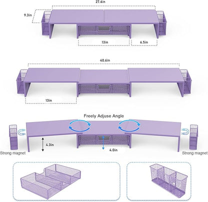 gianotter Dual Monitor Stand Riser, Desk Organizer With Drawer and 2 Pen Holders, Desk Organizers and Accessories, Purple Office Decor (Purple)