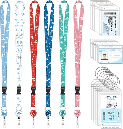 6 Pack Cruise Ship Lanyards, Cruise Lanyards for Ship Key Cards with Waterproof ID Holder Cruise Luggage Tags Retractable Badge Reel & Detachable Buckle for Cruise Essentials
