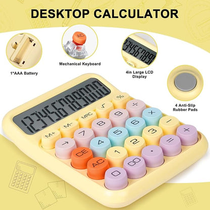 Mechanical Switch Calculator with Big Buttons, Calculators Desktop, 12 Digits, Large LCD Display, Desk Calculator, Cute Pink Calculator for Teachers Students Basic Office (Yellow)