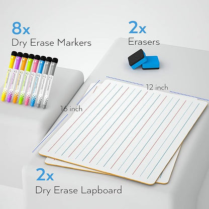 Nicpro Dry Erase Lap Board 12 x 16 inches 2 Pack Ruled Kid Double Sided Blank & Lined Small Lapboard with 8 Pens, 2 Eraser, Learning Mini Whiteboard Portable for Student and Classroom Use