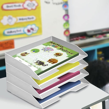 Acrimet Stackable Letter Tray 4 Tier Side Load, Plastic, Desktop File Organizer (White Color)
