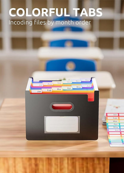 ThinkTex 12 Pockets Accordion File Organizer, Upright & Coverless, Monthly Colorful Tabs, Larger Capacity Expanding File Folder, Letter/A4 Size for School, Home and Office - Black