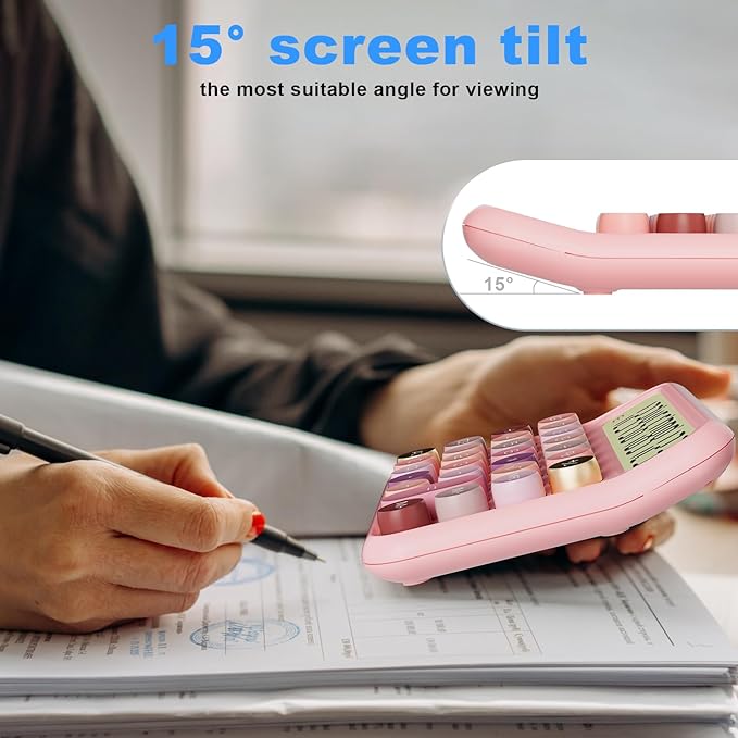 Mechanical Calculator 12 Digit Extra Large 5-Inch LCD Display, DECKLIT Battery Desk Calculator, Big Buttons Easy to Press Use as Office Calculators Desktop, 15°Tilt Screen for Kids Calculator(Rose)