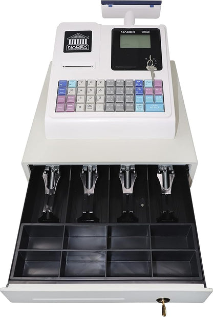 Nadex CR360 Cash Register, 4700 Lookups 50 Dept 50 Clerks, Quick Load Thermal Printer, Compact Size, Cash and Coin Drawer, White
