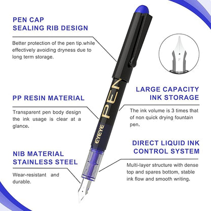 EYEYE Fountain Pens for Writing, 8 Pack Blue Fine Point Pens Disposable Fountain Pens Stainless Steel Nib, Smooth Writing for Calligraphy, Journaling, Drafting, Sketching, Doodling & Office Supplies