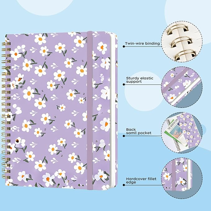 Spiral Notebook - A5 Spiral Notebooks, 8.3'' × 5.8'', 160 Pages, Aesthetic Journaling Notebooks for Women, College Lined Notebook with Elastic Closure, Back Pocket, for School Office, Purple Flower