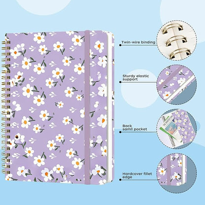 Spiral Notebook - A5 Spiral Notebooks, 8.3'' × 5.8'', 160 Pages, Aesthetic Journaling Notebooks for Women, College Lined Notebook with Elastic Closure, Back Pocket, for School Office, Purple Flower