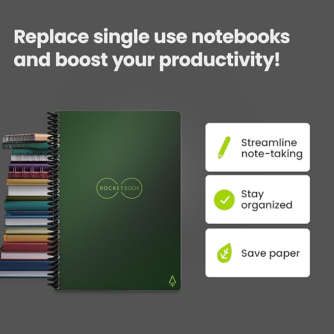 Rocketbook Core Reusable Spiral Notebook, Executive Size 6x8.8, Green - Lined Pages, App-Connected, Erasable, Durable Cover, Ideal for School, Work, and Creative Projects