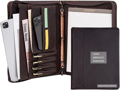 Padfolio Binder- A4 Letter Size 3-Ring Binder, Leather Portfolio Folder Organizer Deep Brown Crazy Horse Leather with Free Name Engraving. Includes Business Card Holder and Letter-Sized Writing Pad.