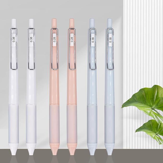 6pcs Gel Pen set, Black Ink Pens 0.18mm /0.28mm / 0.38mm Ultra Fine point Smooth Writing Pens with Silicone Grip, Retractable Cute Pens for Journaling NoteTaking sketching drawing stationery