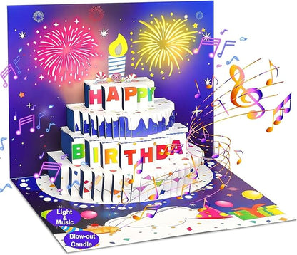 3D Pop-Up Birthday Card with LED Lights & Blowable Candle – Interactive Music Greeting Card for Women, Men, Kids Blue