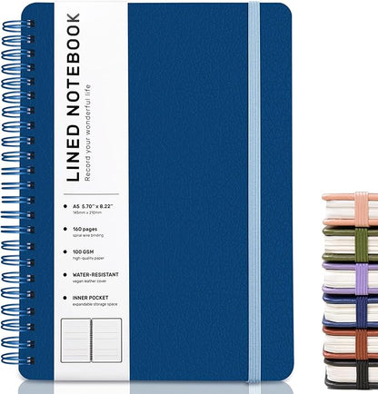 ABERLLS Blue Lined Spiral Journal Notebook with 160 Pages, 8×5.7in, A5 Spiral Notebook, Journaling Notebooks for Work, School, Women, Men, College Ruled Spiral Notebook, Hardcover Leather Journals