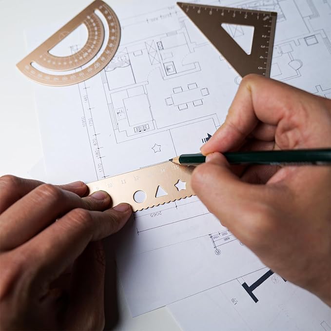 5 Pcs Metal Geometry Set, Math Drafting Ruler Kit- Aluminum Triangle Rulers, Protractor, 8 Inch and 6 Inch Drawing Ruler, Measuring Tool for School and Office (Metric and Inch, Gold)