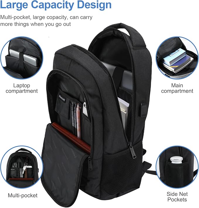 Laptop Backpack for Men, Anti Theft Backpack with USB Charging Port, 15.6 Inch Large Backpack for Travel Business (Black)