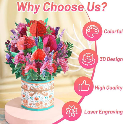 Get Well Soon Pop Up Card, 3D Flower Bouquet Greeting Cards For Women with Note Card and Envelope for All Occasion, Mother's Day, Birthday Card for Mom, Thinking of you, Teacher Appreciation Gift