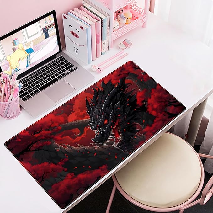Huge Dragon Large Mouse Pad Red and Black Mousepad Red Desk Mat, Big Full Keyboard and Mouse Pad Cool Desk Pad for Keyboard Mouse with Stitched Edges Anti-Slip Funny Desk Pad, 31.5 X 15.8 in.