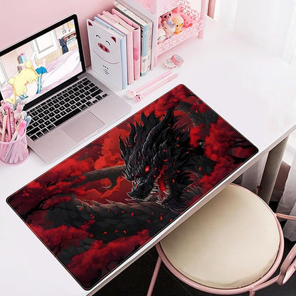Huge Dragon Large Mouse Pad Red and Black Mousepad Red Desk Mat, Big Full Keyboard and Mouse Pad Cool Desk Pad for Keyboard Mouse with Stitched Edges Anti-Slip Funny Desk Pad, 31.5 X 15.8 in.
